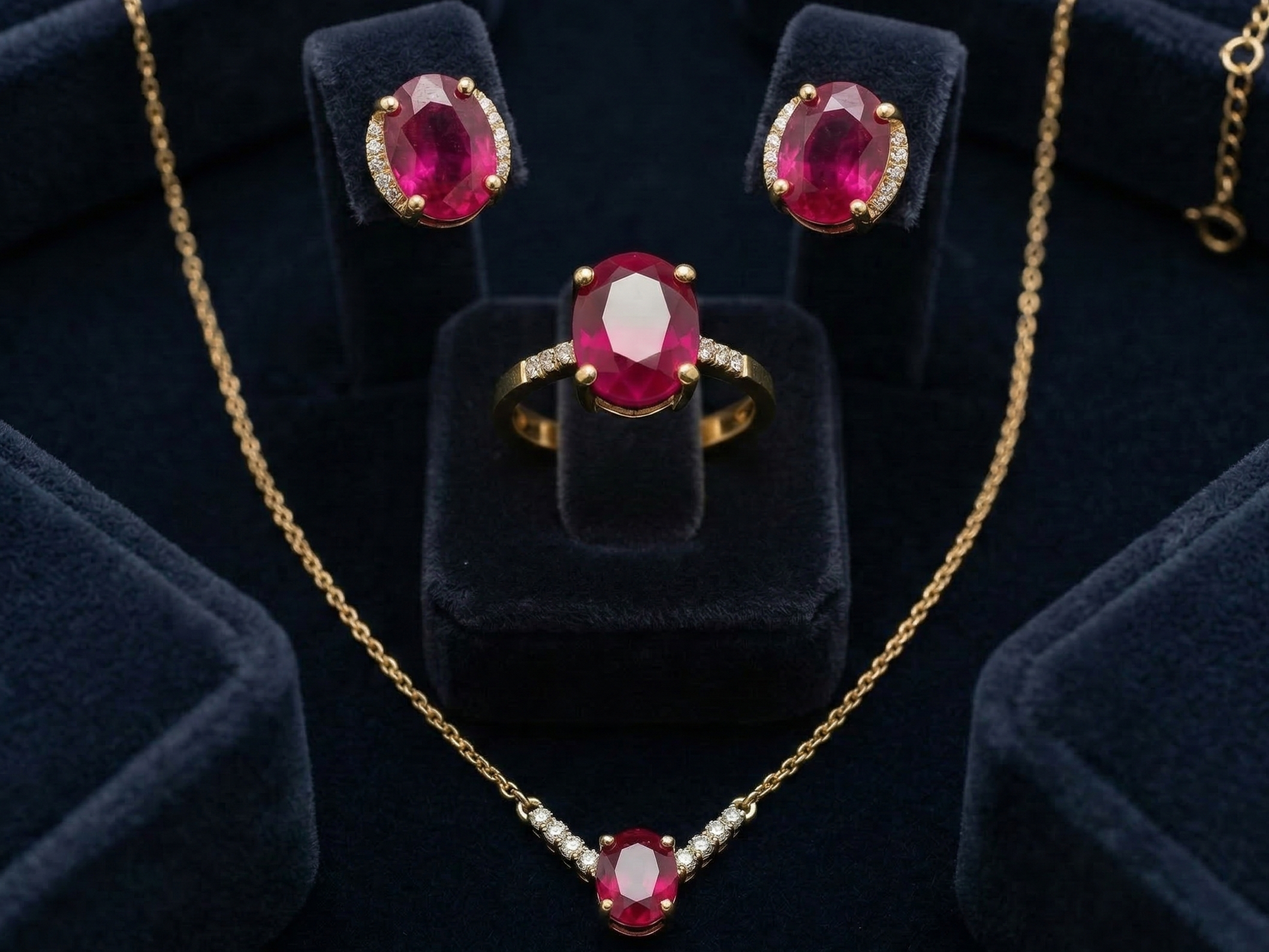 Crimson Ruby Collection with exaggerated earrings