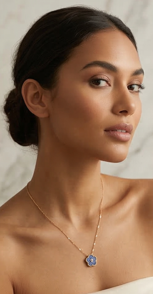 Golden Aura: Cobalt Blossom Pendant Necklace