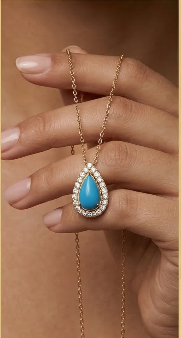 Golden Aura: Turquoise Teardrop Halo Necklace