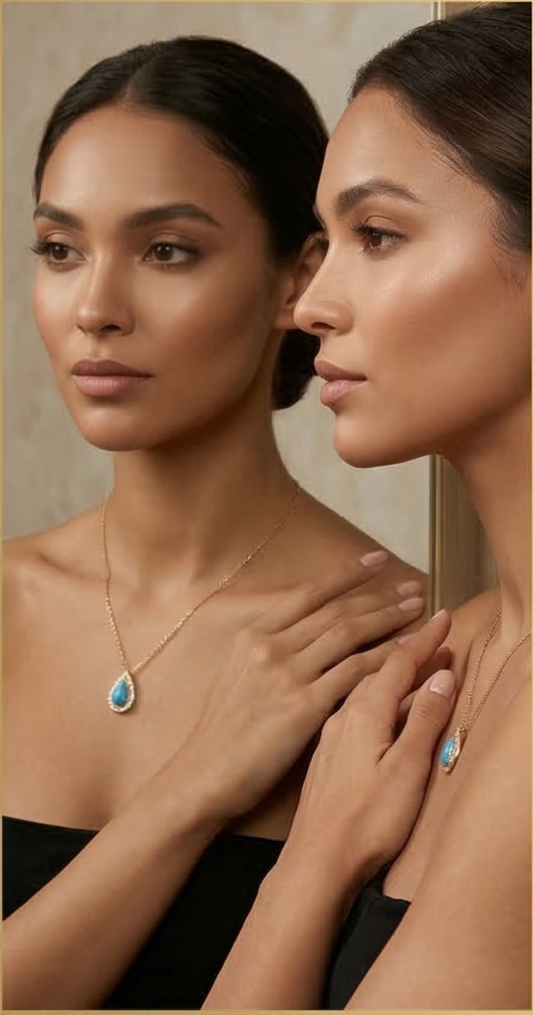 Golden Aura: Turquoise Teardrop Halo Necklace