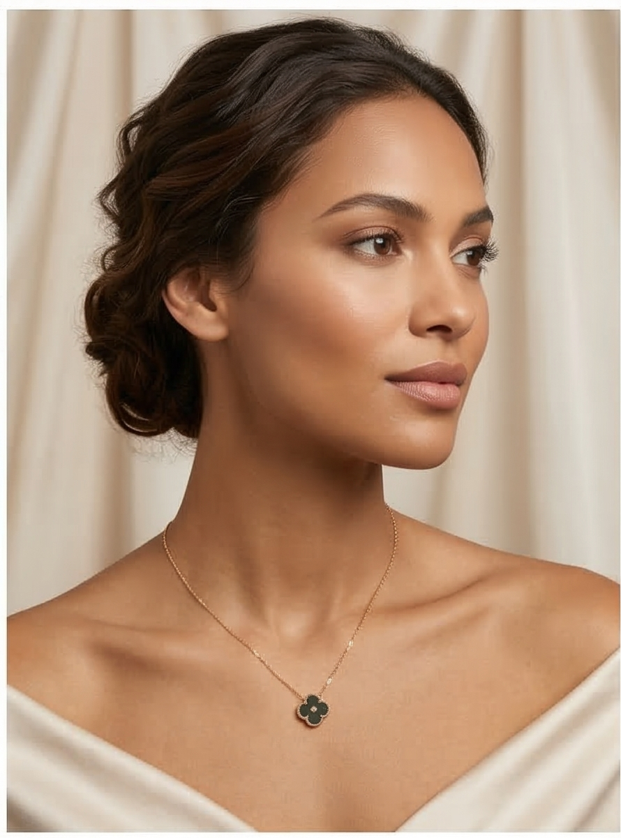 Golden aura: Midnight Clover Pendant Necklace