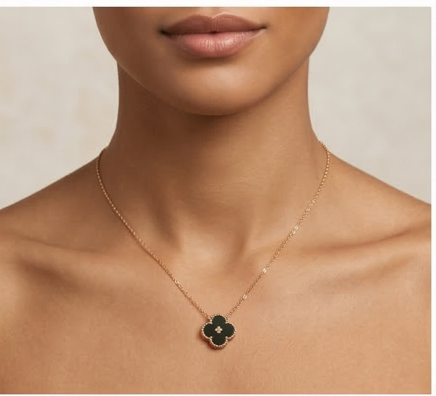 Golden aura: Midnight Clover Pendant Necklace