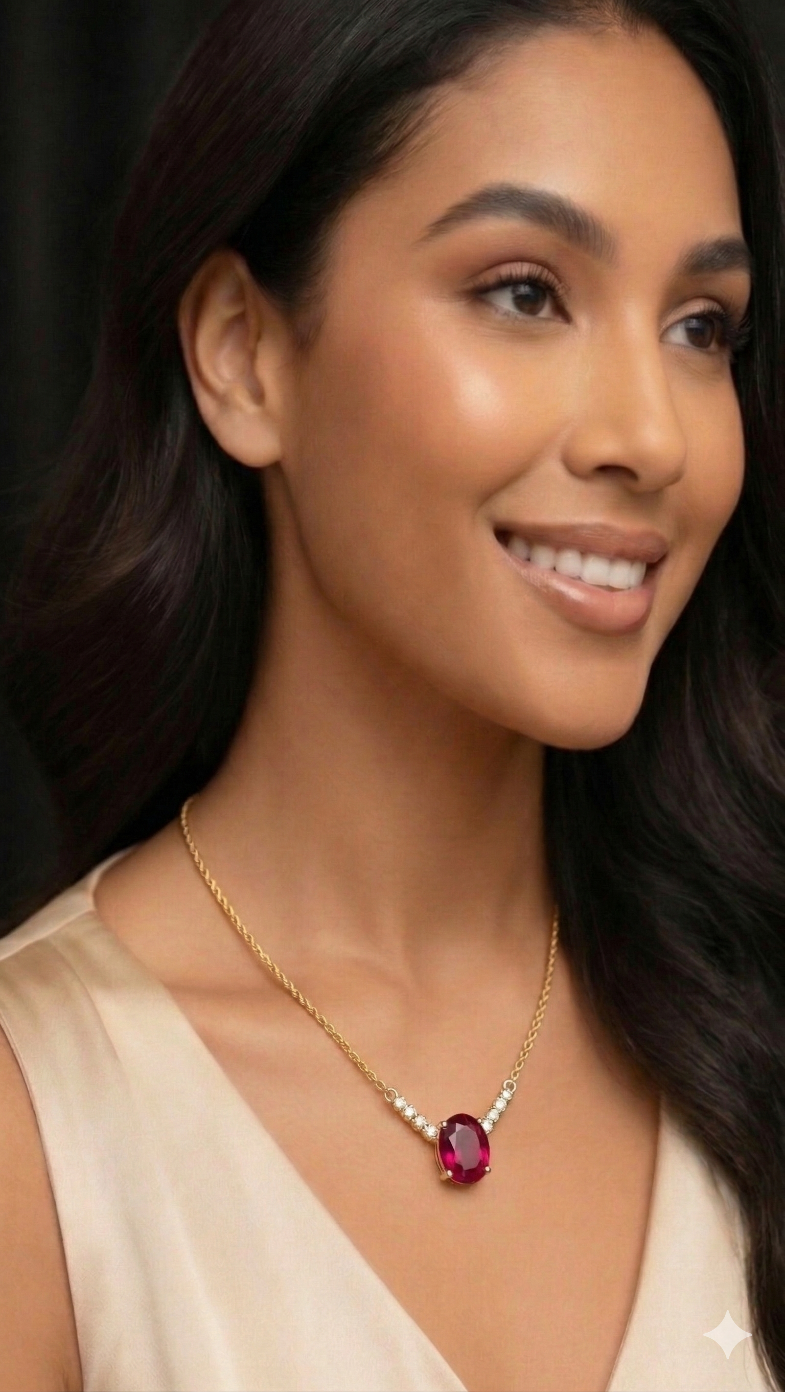 Woman wearing a gold necklace with a red gemstone pendant